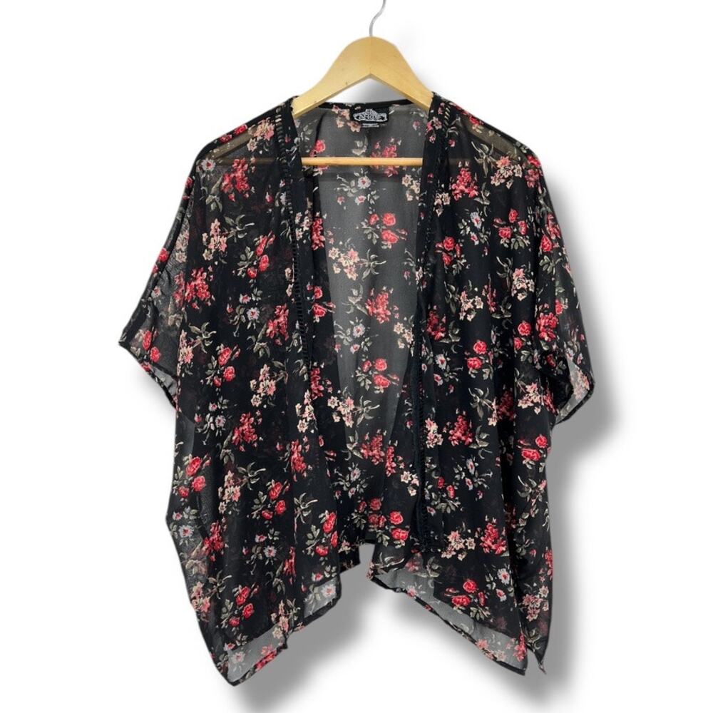 Angie Kimono Black Floral‎ Women’s S Boho Festival Coverup